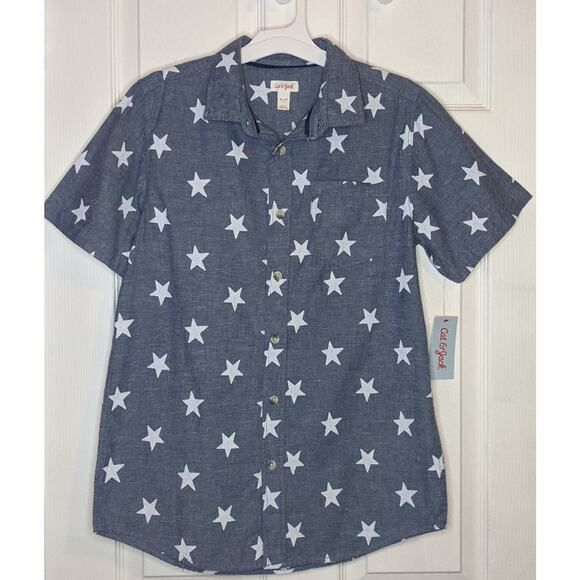 Cat & Jack Boys Cruise Blue White Stars Button Up Dress Shirt XL 16 - Picture 1 of 12